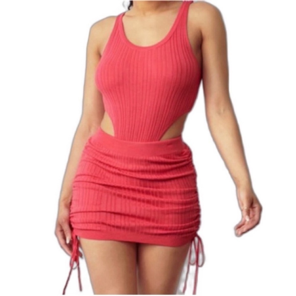“Flirty” Pink Two Piece Ribbed Matching Mini Skirt Set - Small, Medium & Large.
